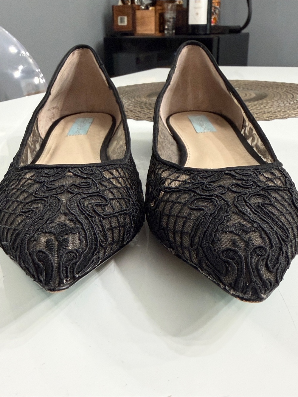 Betsey Johnson Black Lace Pointed Ballet Flats. sz 10 gothic wedding shoe, prom